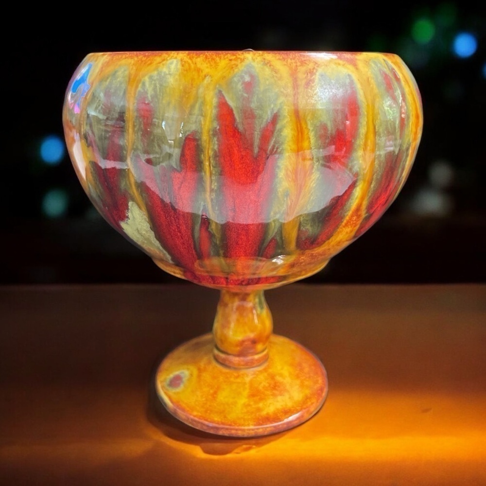 Midcentury Antique Drip Glazed Flame Pedestal Planter Bowl or Handmade Pottery